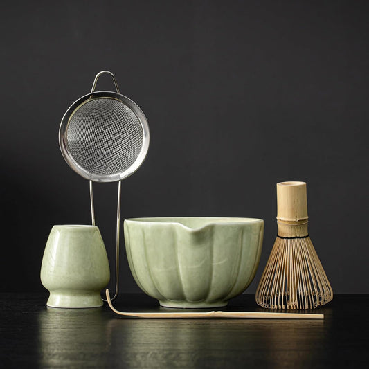 Matcha Whisk Set, Matcha Bowl with Spout, Matcha Whisk, Chasen Holder, Sifter, Bamboo Scoop - 5 Pcs Perfect Matcha Making Kit for Matcha Lover and Tea Ceremony (Speckled Green)