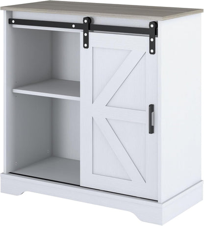 Panana Sliding Barn Door Buffet Sideboard Storage Cabinet Coffee Bar Kitchen Farmhouse Style (White Cabinet Nature Top)