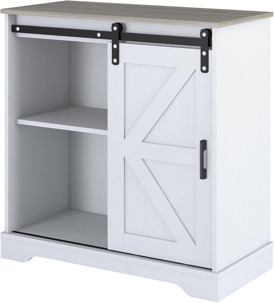 Panana Sliding Barn Door Buffet Sideboard Storage Cabinet Coffee Bar Kitchen Farmhouse Style (White Cabinet Nature Top)