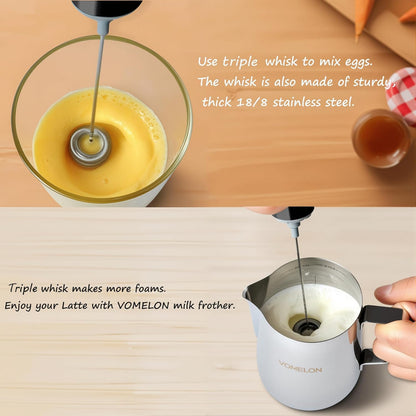 Milk Frother Handheld, Battery Operated Coffee Foamer Drink Mixer with 2 Stainless Steel Electric Whisks for Coffee, Latte, Cappuccino, Hot Chocolate, Protein，Egg Batteries Included,Black