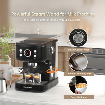 Black Espresso Machine with Milk Frother, Cappuccino Machines for Home, Coffee Espresso Machine Suitable for Coffee Powder/NS Original Capsules, Espresso Maker with Thermometer