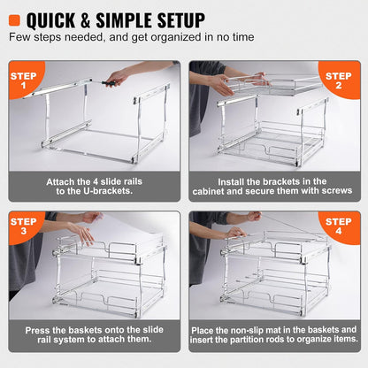 VEVOR Pull Out Cabinet Organizer, 17"Wx21"D 2 Tier Heavy Duty Slide Out Pantry Shelves, Chrome-Plated Steel Roll Out Drawers, Sliding Drawer Storage, 18.5"Wx22"D Install Size for Cabinet