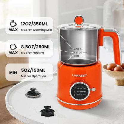 Stainless Steel Milk Frother for Coffee, 3-in-1 Electric Milk Warmer & Foam Maker, 12oz Hot Cold Frothing, Thick Foam for Macchiatos, Cappuccinos (Orange)