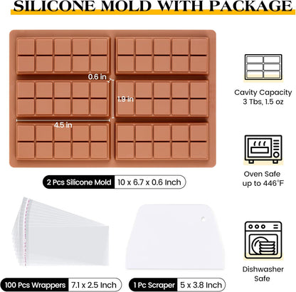 2 Pcs Chocolate Bar Mold Deep Dubai Stuffed Silicone Molds for Filling Knafeh Pistachio Chocolate Bar and Wax Melts Rectangle Thick Candy Bar Molds Break Apart (10 Snap）