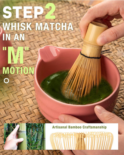 5PCS Matcha Set - 17OZ Ceremonial Bowl with Spout, Bamboo Whisk (Chasen), Stainless Sifter, Scoop & Holder, Matcha Kit for Matcha Lovers, Pink