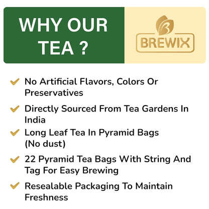 BREWIX, Green Tea (22 Pyramid Tea Bags) | Supports Overall Health, Natural & Pure High Grown Green Tea | Caffeinated & Gluten Free | Direct From India