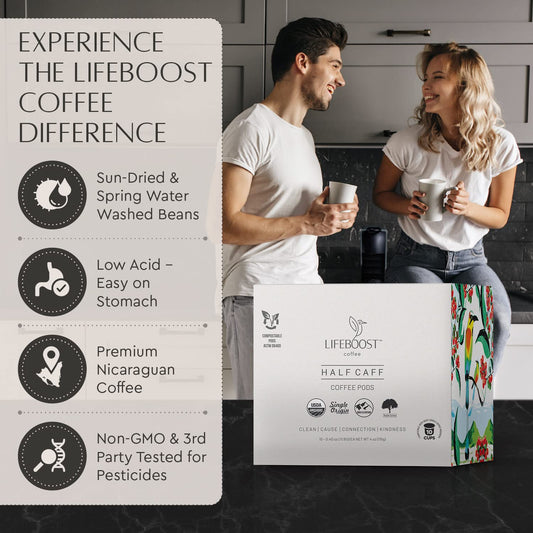 Lifeboost Half Caff Coffee K Cups - Low Acid Half Caff Coffee Pods - Single Origin Non-GMO Mold Free Pods Compatible with Keurig & Keurig 2 - No Mycotoxins or Pesticides - 10 Count