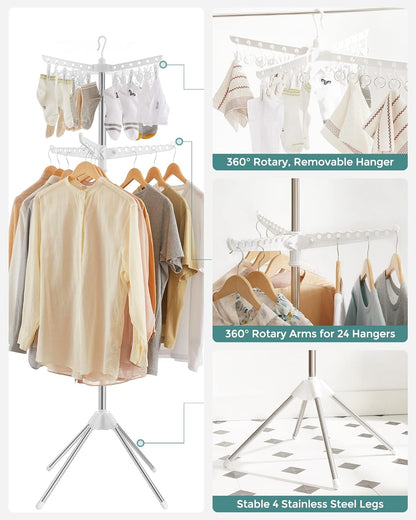 SONGMICS 2-Tier Clothes Drying Rack, 72-Inch Folding Laundry Drying Rack with 3 Rotatable Arms for Hangers, 24 Clips, Stainless Steel, for 27 Pieces of Clothes, White and Silver ULLR512W01