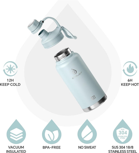 IDEUS Insulated Stainless Steel Water Bottle with 2 Leak-Proof Lids, Thermal Water Flask for Hiking Biking, 32oz, Light Blue