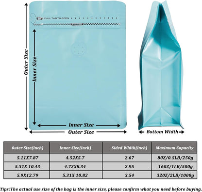 Coffee Bags with Valve (50 PCS,8oz/0.5lb) Blue High Barrier Aluminum Foil Flat Bottom Standing Coffee Beans Storage Packaging Bags, Reusable Heat Seal Side Zipper Pouches for Small Business and Home
