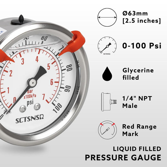 0 to 100 Psi Pressure Gauge, Glycerin Liquid Filled, 2.5 inch Dial, 1/4" NPT Back Mount, Stainless Steel Case, for Water Pump, Pneumatic Air, Well Tank, RV Hose, Gas, Low Pressure Test
