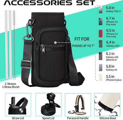 40oz Insulated Water Bottle - w/Straw Spout Lid, Bottle Holder with Strap, Paracord Handle, Protective Bottom Boot, Stainless Steel Metal Thermo Jug Flask Cold 48h & Hot 24h, Cream White