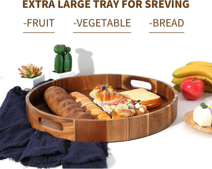 Extra Large 20" Acacia Wood Tray with Handles - Wooden Serving Tray for Ottoman, Coffee Table, Charcuterie, Bed & Breakfast - Rustic Modern Style