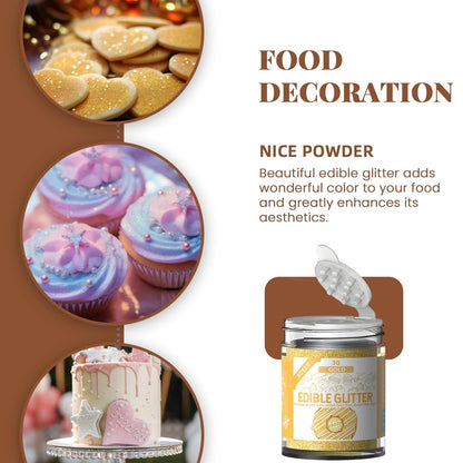 Edible Glitter Set - 4 Colors Food Grade Edible Drink Glitter for Cake Strawberries Drink Dust Shimmering, Vegan Food Coloring Sprinkle for Chocolates, Fondant Pops (3g per Bottle)