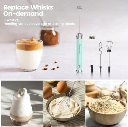 Maestri House Rechargeable Milk Frother with 3 Heads, LunaFro AS Handheld Electric Foam Maker Waterproof Detachable Stainless Steel Whisk Drink Mixer Foamer with Stand for Lattes, Cappuccino, Egg