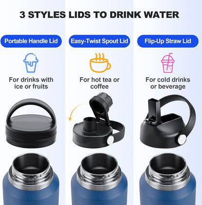 SENDESTAR 40oz Stainless Steel Water Bottle(Cold for 48 Hrs, Hot for 24 Hrs),Double Wall Vacuum Insulated Bottle with Straw Lid, Spout Lid and Flex Cap, Fit in Any Car Cup Holder，Navy