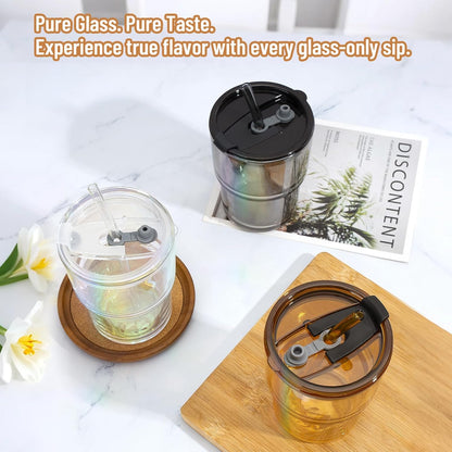 13 oz Glass Tumbler with Glass Straw and Lid, Leak-Proof Reusable Travel Cup for Iced Coffee, Tea, Matcha, Fruit Juice – Thick Wall Clear Water Bottle (Amber & Iridescent Shimmer, 2 Pack)