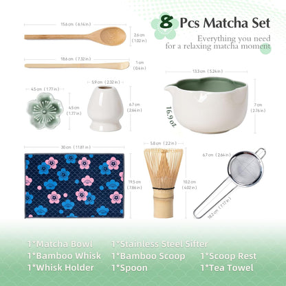 Matcha Set, 8Pcs Floral Ceramic Matcha Set with Matcha Whisk, Holder, Scoop, Scoop Rest, Sifter, Spoon and Tea Towel - Thoughtful Matcha Whisk Set Gift for Matcha Lovers (Beige & Green)