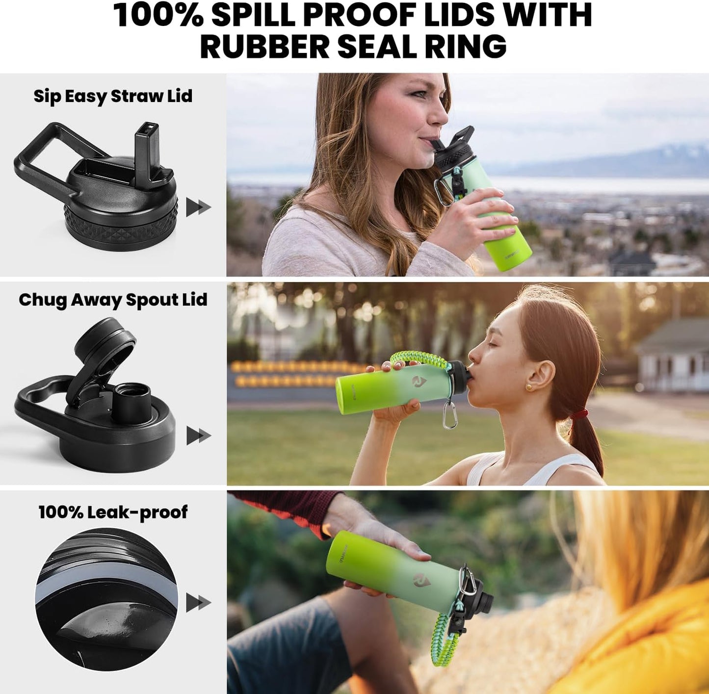 Insulated Water Bottle 20 oz, Triple Wall Vacuum Stainless Steel (Cold for 48 Hrs), Leak Proof & Non-BPA, Kids Water Bottle Jug for School with Straw Spout Lids, Ombre Green