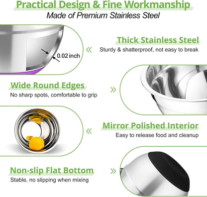 TeamFar Mixing Bowls, 5PCS Stainless Steel Serving Salad Bowls with Lids, For Kitchen Mixing/Baking/Storing/Prepping, Visible & Airtight, Non-Slip Bottom - 4.6/3.5/1.5/1 / 0.7 QT, Multi-color