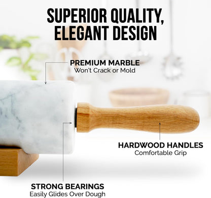 Zulay Kitchen 17-Inch Marble Rolling Pin With Stand - Polished Marble Rolling Pins For Baking With Long Beechwood Handle - Non-stick Roller Pin For Baking Pastries, Bread & Pizza