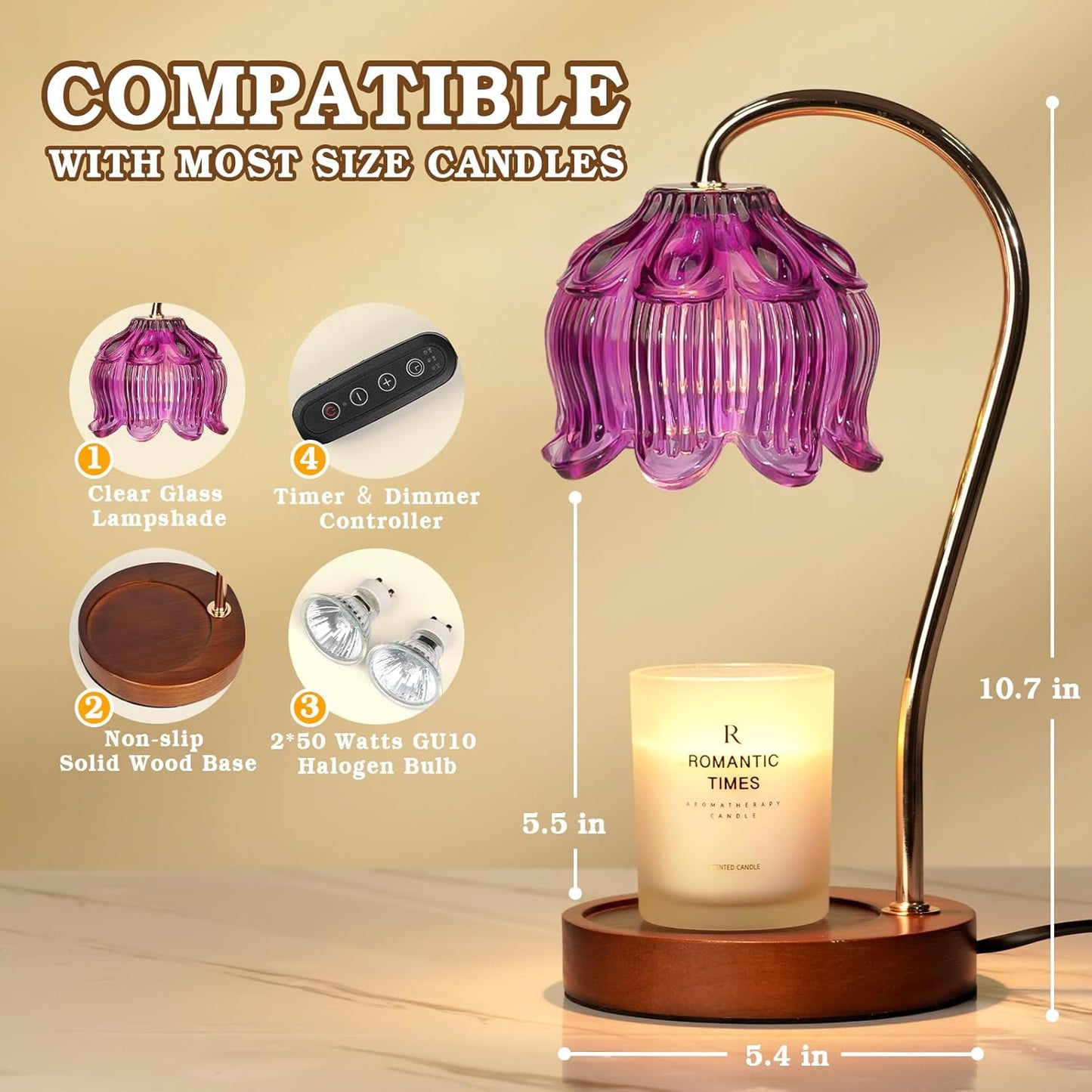 Purple Candle Warmer Lamp with Timer, Electric Candle Warmer, Women Birthday Christmas Gift, Flower Wax Warmer for Yankee Candle Lovers, Vintage Melt Lamp for House Warming Gifts for Mom, Friend