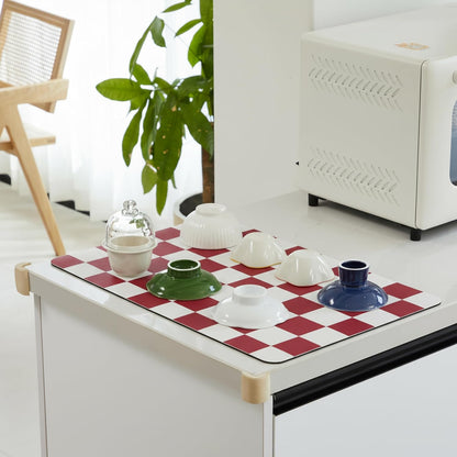 Checkered Dish Drying Mat for Kitchen Counter, Coffee Bar Station Accessories, Retro Cute Aesthetic Modern Absorbent Drainer Mat Kitchen Drying Mat Easy Clean (Red, 24" x 16")