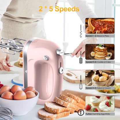Hand Mixer Electric, 400W Food Mixer 5 Speeds Handheld Blender, 5 Stainless Steel Accessories, Storage Box, Kitchen Blender with Cord for Cream, Cookies, Dishwasher Safe, Pink