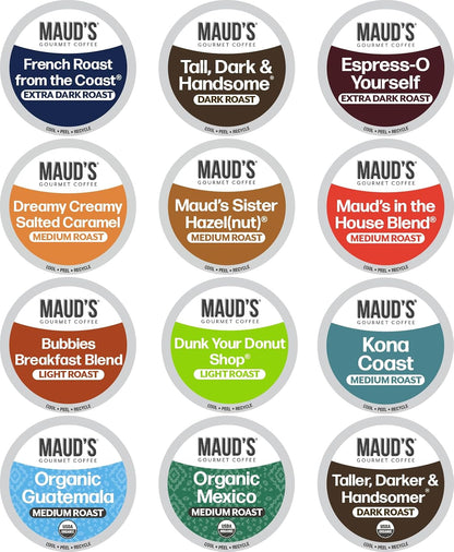 Maud's Family Pack Coffee Pods Variety Pack, 136 ct, 12 Assorted Flavors, Medium Roast Recyclable Single Serve Pods – 100% Arabica Coffee, Compatible with Keurig K Cups Maker