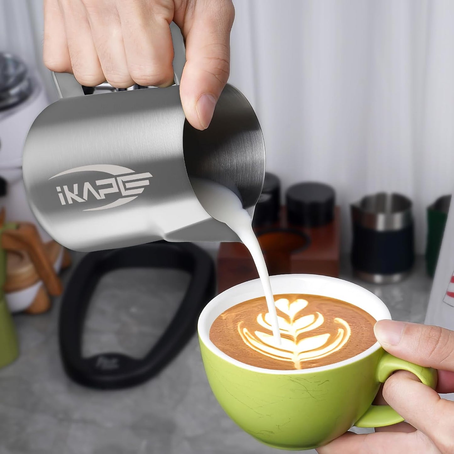 IKAPE Espresso Milk Pitcher, Espresso Steaming Pitcher with Sharp Spout for Espresso Barista Tool, 20.3 oz / 600ml Milk Frothing Jug (Silver)