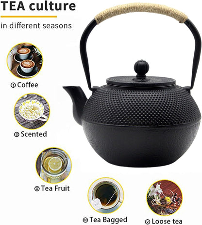 YJX 40.6 fl oz Cast Iron Teapot Set, Japanese Tetsubin Tea Set with Cast Iron Teacups, Small Tea Kettle Set with Strainer for Loose Tea, Enameled Interior (1200ml Tea Set with Cups and Saucers)