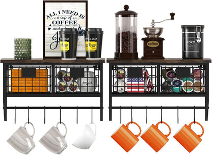 Helsin Industrial Wall Mounted Metal Wood Floating Shelves with Baskets Hooks Hanging Display Shelf Sundries Holder for Coffee Bar Kitchen Bathroom Organization and Home Decor, Black (16inch, 2 Sets)