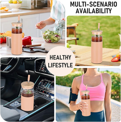 Glass Tumbler w/Lids & Straw - 24oz Reusable Glass Mug/Bamboo Lid & Stainless Steel Straw-BPA-Free,Leak-Proof,Dishwash Safe for Coffee/Smoothies/Hot Beverages, Travel/Office/Home Use,2-pk,Amber