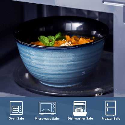 MEKY Soup Bowls Set of 4,40 OZ Large Ceramic Bowls - 7 Inch Deep Bowls for Ramen, Pho, Salad, Pasta, Cereal, Dishwasher & Microwave Safe Stackable Serving Bowls(Blue)