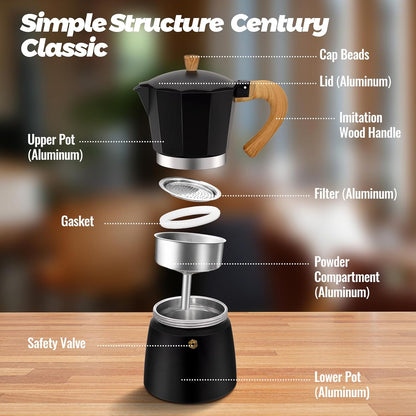 3 Cup Aluminum Moka Pot Classic Stovetop Espresso Coffee Maker 150ml 5oz Coffeemaker Percolator Mocha Pot Greca Coffee Maker Cafe Makers for Italian and Cuban Café Brewing Black