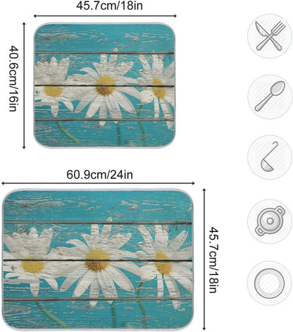 Daisy On Old Wooden Board Dish Drying Mat for Kitchen Counter Turquoise Wood Drying Mat 16 x 18 Inch with High Absorbent Reversible Microfiber Dish Drying Pad Drainer Mat for Coffee Bar