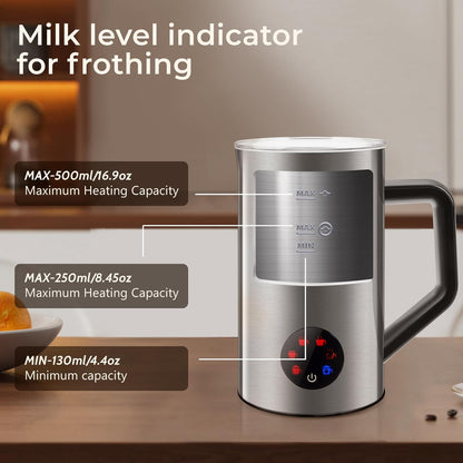 MAISON HUIS 6-IN-1 Milk Frother Steamer 550Watts, 20 oz Electric Stainless Steel, Hot and Cold Milk Frother for Latte, Macchiato, Cappuccino and Hot Chocolate