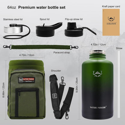 NATURE PIONEOR Insulated Water Bottles with Straw - 64oz Stainless Steel Vacuum Bottle with Holder/Carrier/Sleeve - Reusable 18/8 Food Grade Half Gallon Water Jug