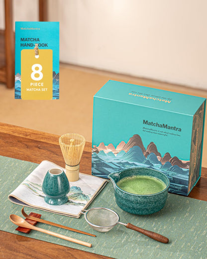 Artisan Matcha Whisk Set - 8 Pcs Premium Matcha Set with Bowl (Chawan), Bamboo Whisk & Tools | Matcha Kit for Making Breakfast/Latte | Gift for Matcha Lovers (Parrot Green)