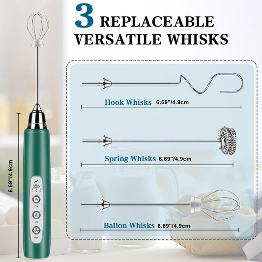 Milk Frother Handheld for Coffee, Electric Whisk 3 Speed Adjustable, Drink Mixer with Stainless 3 Whisks, Rechargeable Hand Frother Wand, for Latte Cappuccino Hot Chocolate Egg Green