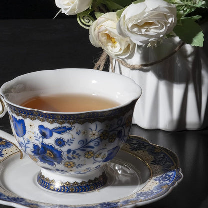 ACMLIFE Bone China Tea Cups and Saucers, 6.8 oz Tea Cup and Saucer Set, with Gold Trim and Gift Box, Blue and White (Blue-D)
