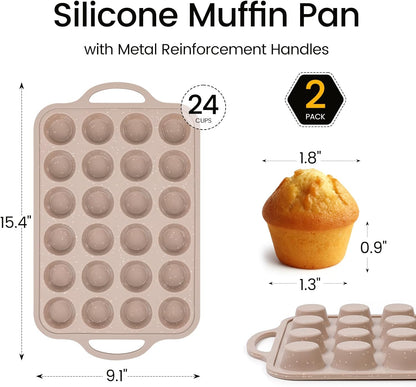 Vinino 2Pack Mini Silicone Muffin Pans for Baking with Metal Reinforced Frame, 24 Cups Mini Size Nonstick Cupcake Pan, BPA Free Oven Dishwasher Safe Baking Mold for Muffins Cupcakes