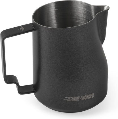 MHW-3BOMBER Milk Frothing Pitcher 12oz Milk Frother Cup Espresso Steaming Pitcher Stainless Steel Milk Frother Cup Barista Latte Art Round Spout Milk Jug, Black P6007MB-OS