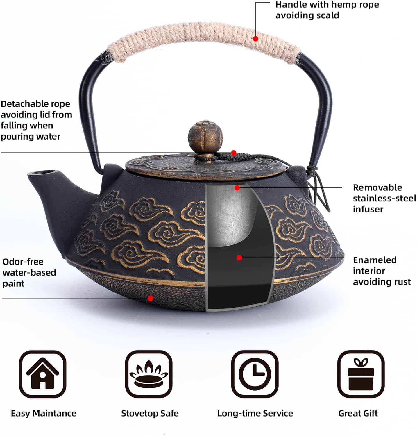 Cast Iron Teapot, Japanese Tea Pot with Infuser for Loose Leaf, Tea Kettle Stovetop Safe Coated with Enameled Interior, Clouds Pattern 27oz, 800ml Black