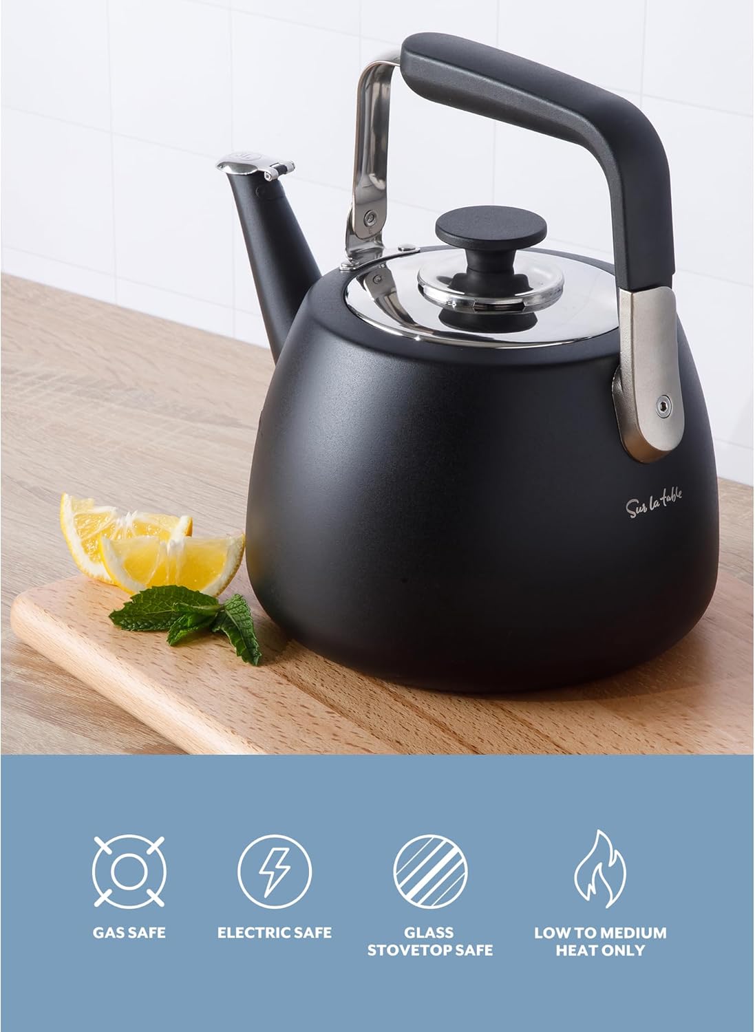 Sur La Table Kitchen Essentials Large 2 QT Heavy Gauge Stainless Steel Whistling Tea Kettle - Matte Black