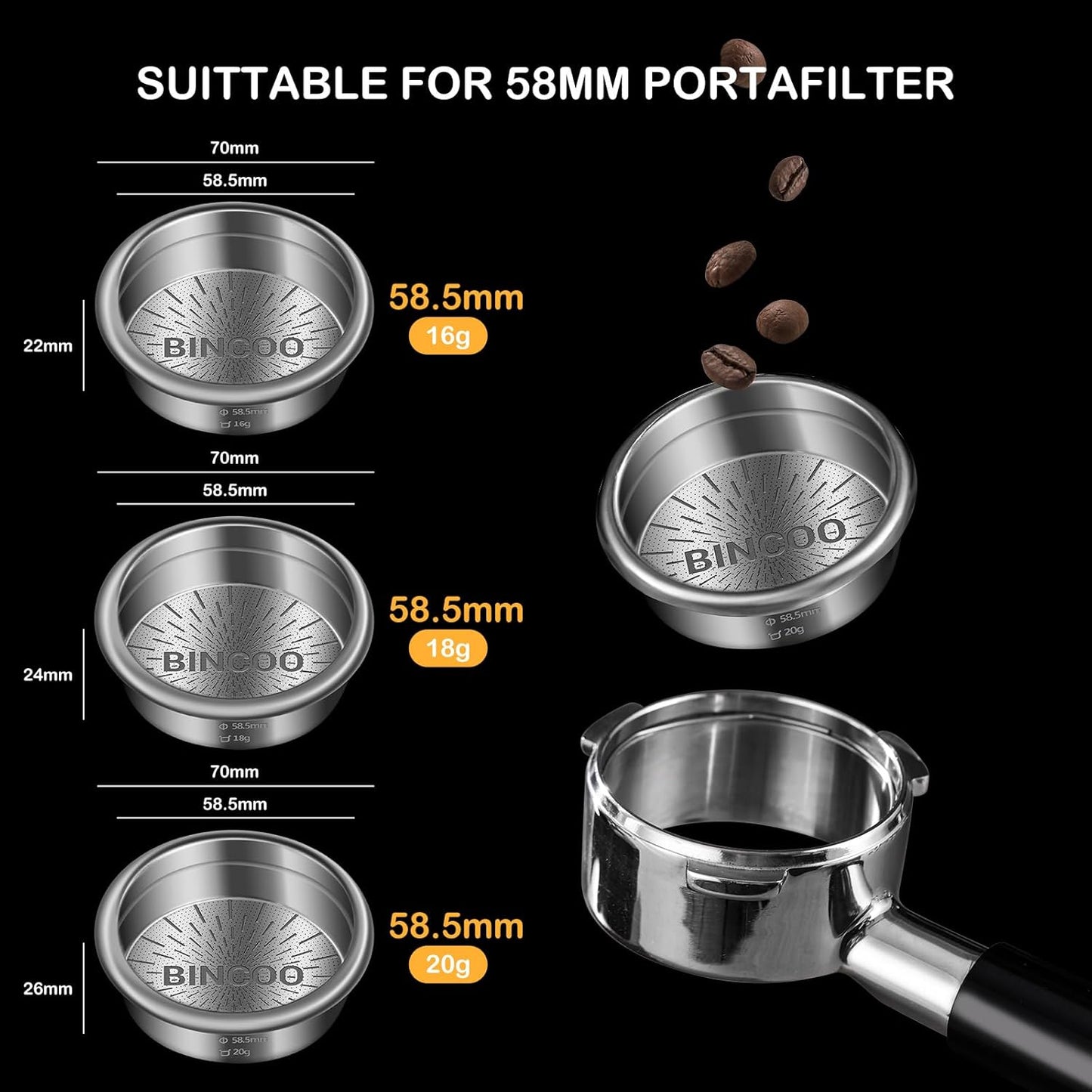 Bincoo Precision Espresso Filter Basket Compatible with 58mm Espresso Machine Portafilters,304 Stainless Steel Portafilter Basket for 16g/18g/20g,High-Precision Holes(16g - 58.5mm)