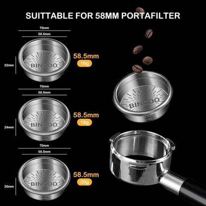 Bincoo Precision Espresso Filter Basket Compatible with 58mm Espresso Machine Portafilters,304 Stainless Steel Portafilter Basket for 16g/18g/20g,High-Precision Holes(16g - 58.5mm)
