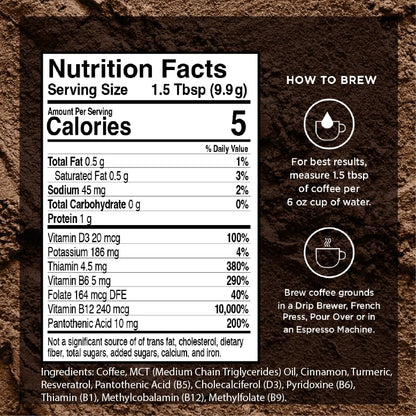 VitaCup Genius Ground Keto Coffee w/Turmeric, MCT Oil, B Vitamins, D3, Ground Coffee Medium Dark Roast, Bold & Smooth, 100% Arabica Coffee Grounds, 2 bags, 11oz each