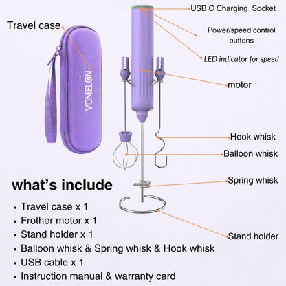 Milk Frother Handheld with 3 Stainless Steel Whisks, Rechargeable Electric Drink Mixer with Stand & Travel Case, Milk Foamer for Coffee, Latte, Cappuccino, Hot Chocolate, Egg,Jam Supplement-Purple