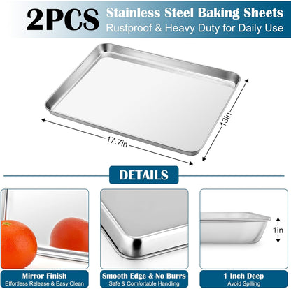 E-far Baking Sheet with Wire Rack (2 Pans + 2 Racks), Large Stainless Steel Cookie Sheets Pan & Cooling Rack for Baking Cookies Cake, Non Toxic & Heavy Duty, Oven & Dishwasher Safe, 18 x 13 x 1 Inch
